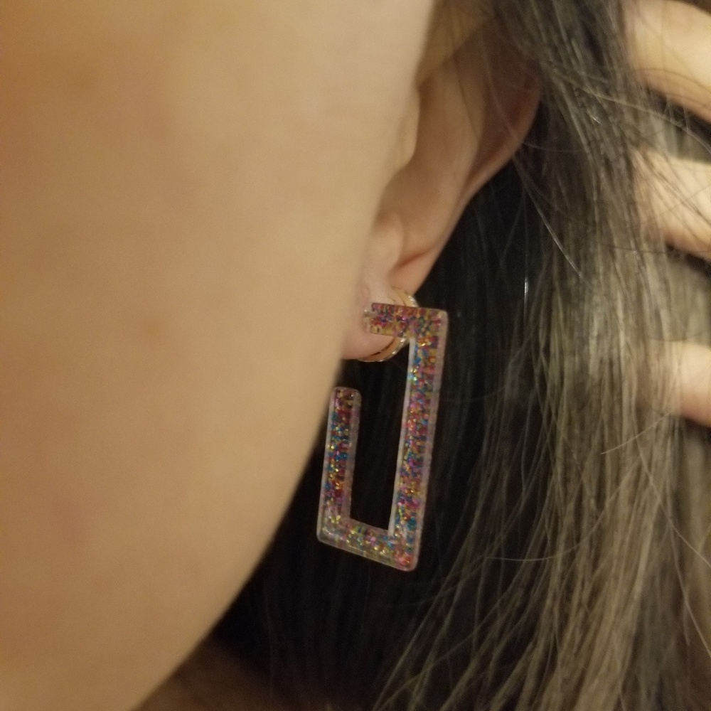 Rainbow Glitter Rectangle Earrings - image 2